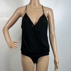 Bebe Elegant Black Chiffon Silk Sleeveless V-neck Bodysuit Size XS